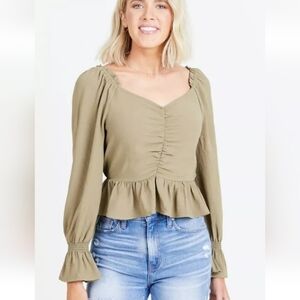 Altaid State Sage Green Smocked Ruched Peplum Square Neck Long Sleeve Top M